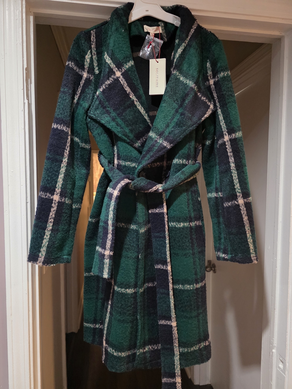 Solitaire Green and Navy Plaid Wrap Pea Coat with Belt